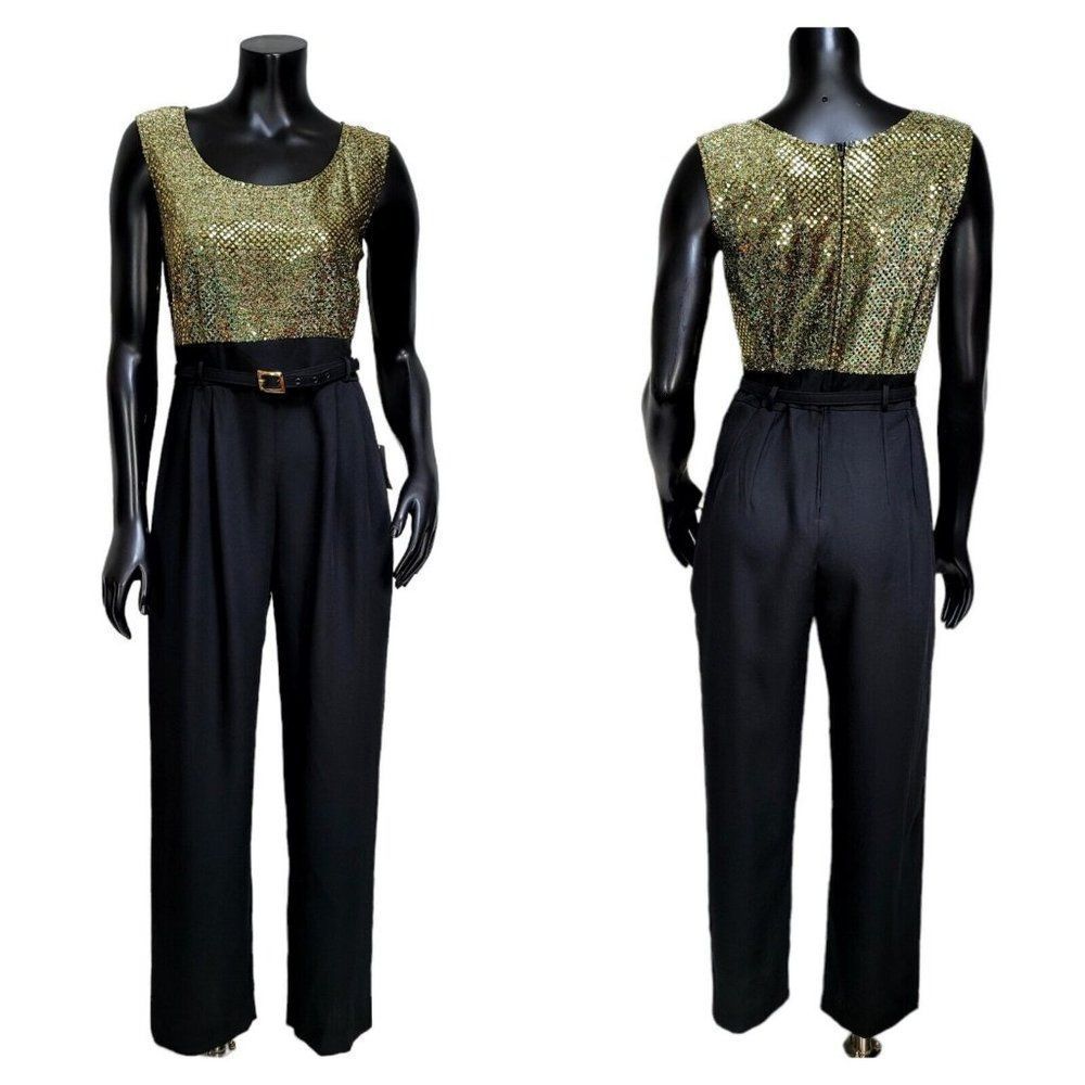 Vintage 90s does 70s‎ John Roberts Gold Sequin Black Jumpsuit Sleeveless Belted